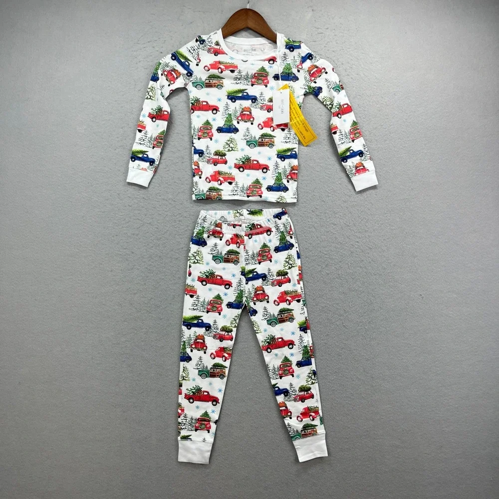 Hart + Land Pajama Set Kids 5 White Christmas Trucks Organic Pima Cotton NEW